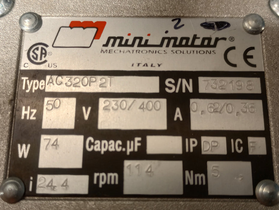 Minimotor 50Hz 74W 230/400V 114RPM Gearmotor AC320P2T NOS