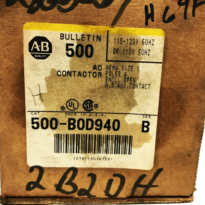 Allen-Bradley 3-Phase Open Top Wire 4-Pole Contactor 500-BOD940 NOS