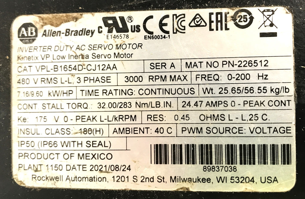 Allen Bradley Servo Motor VPL-B1654D-CJ12AA NOS