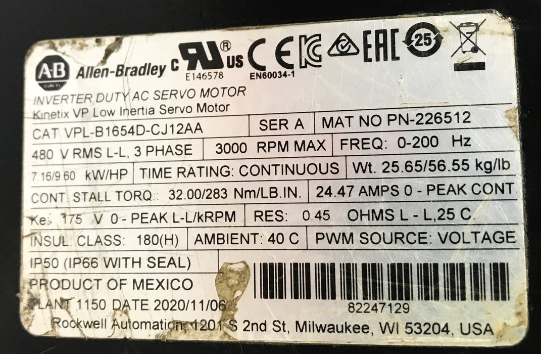 Allen Bradley Servo Motor VPL-B1654D-CJ12AA USED