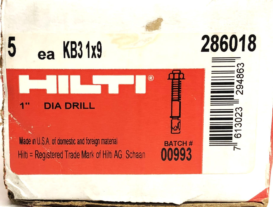 Hilti 5 Piece Box KB3 1x9 Inch Anchor 286018 NOS