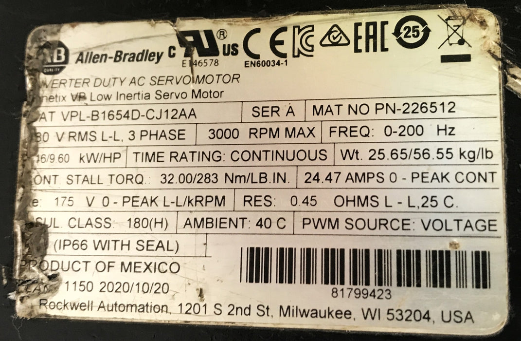 Allen Bradley (ONVIO) Servo Motor With Attachment VPL-B1654D-CJ12AA USED