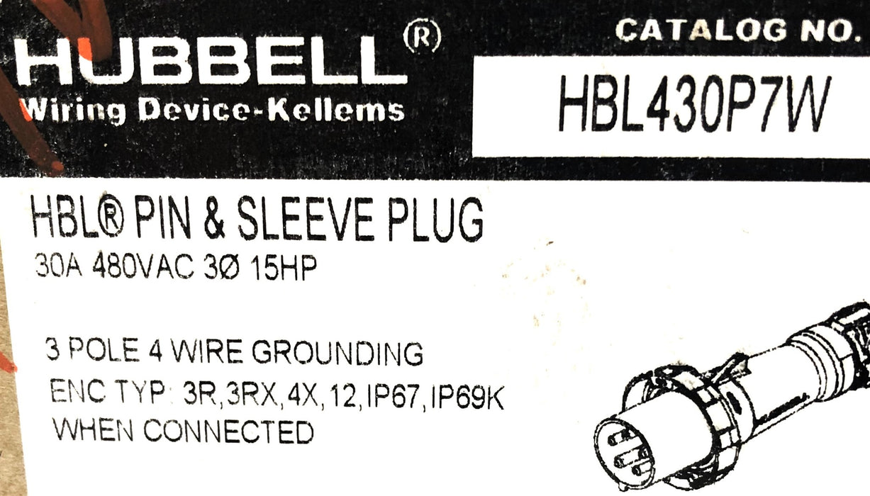 Hubbell 3 Pole 4 Wire Grounding Pin & Sleeve Plug HBL430P7W NOS