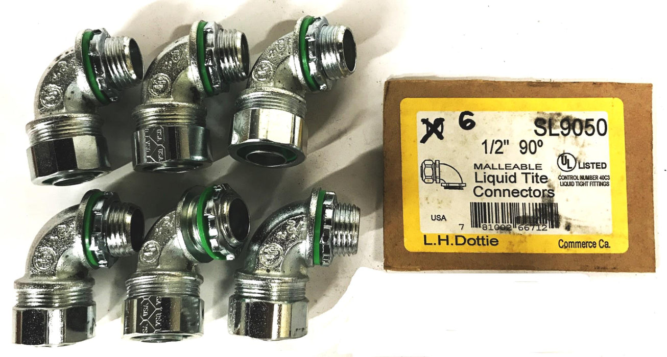Dottie 1/2 inch 90-Degree Steel Liquid Tight Connector SL9050 [Lot of 6] NOS