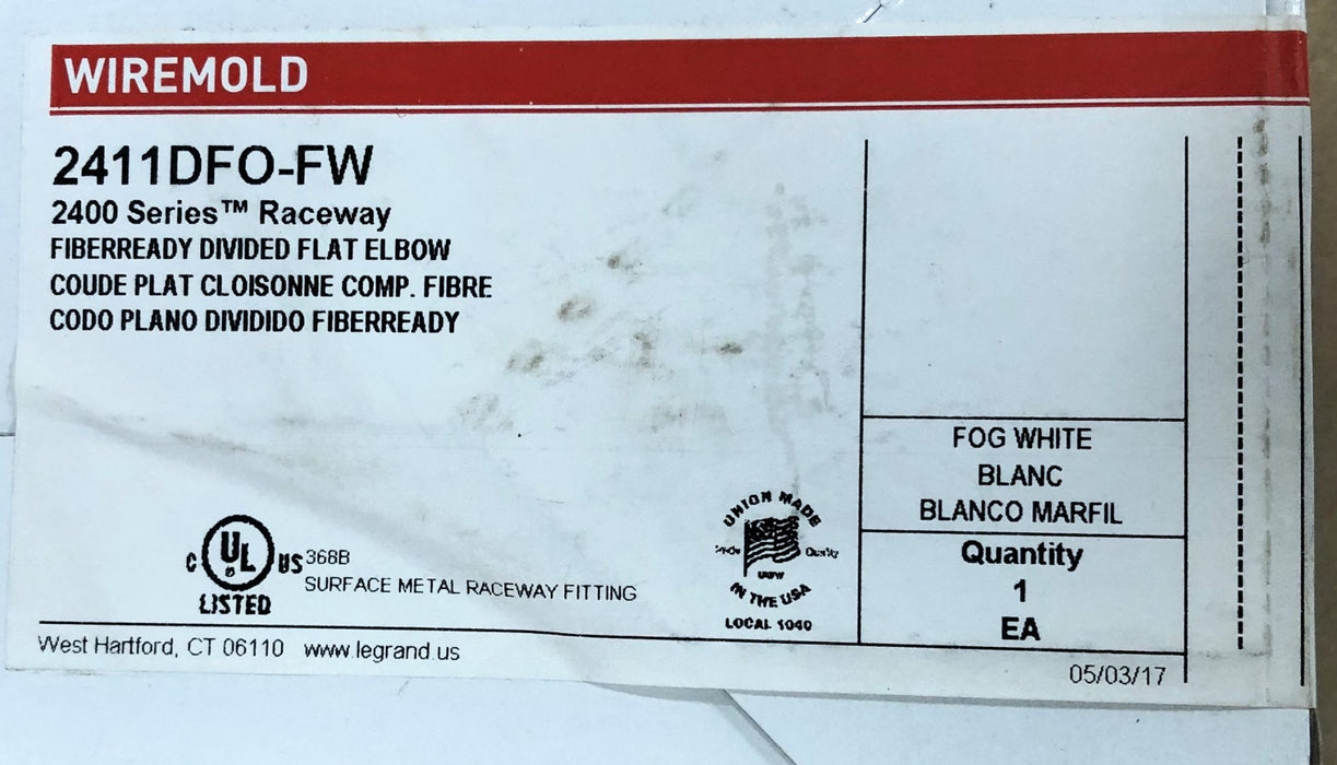 Legrand Wiremold 2400 Series Raceway Fiberready Divided Elbow 2411DFO-FW NOS