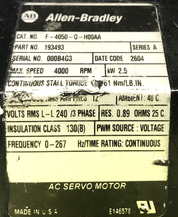 Allen Bradley Servo Motor F-4050-0-H00AA USED