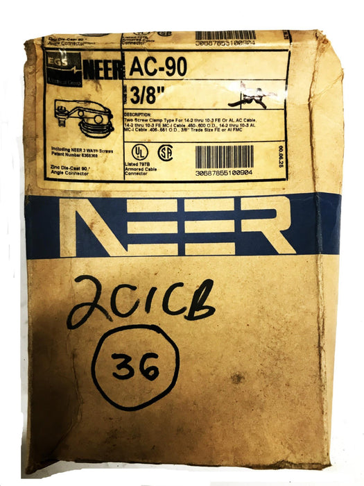 NEER 3/8inch 90 Deg Armored Cable Connector AC-90-3/8 [Lot of 36] NOS