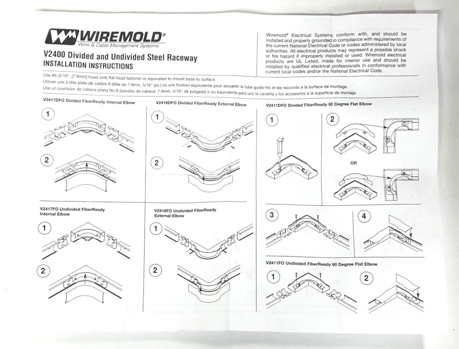 Legrand Wiremold 2400 Series Raceway Fiberready Divided Elbow 2411DFO-FW NOS