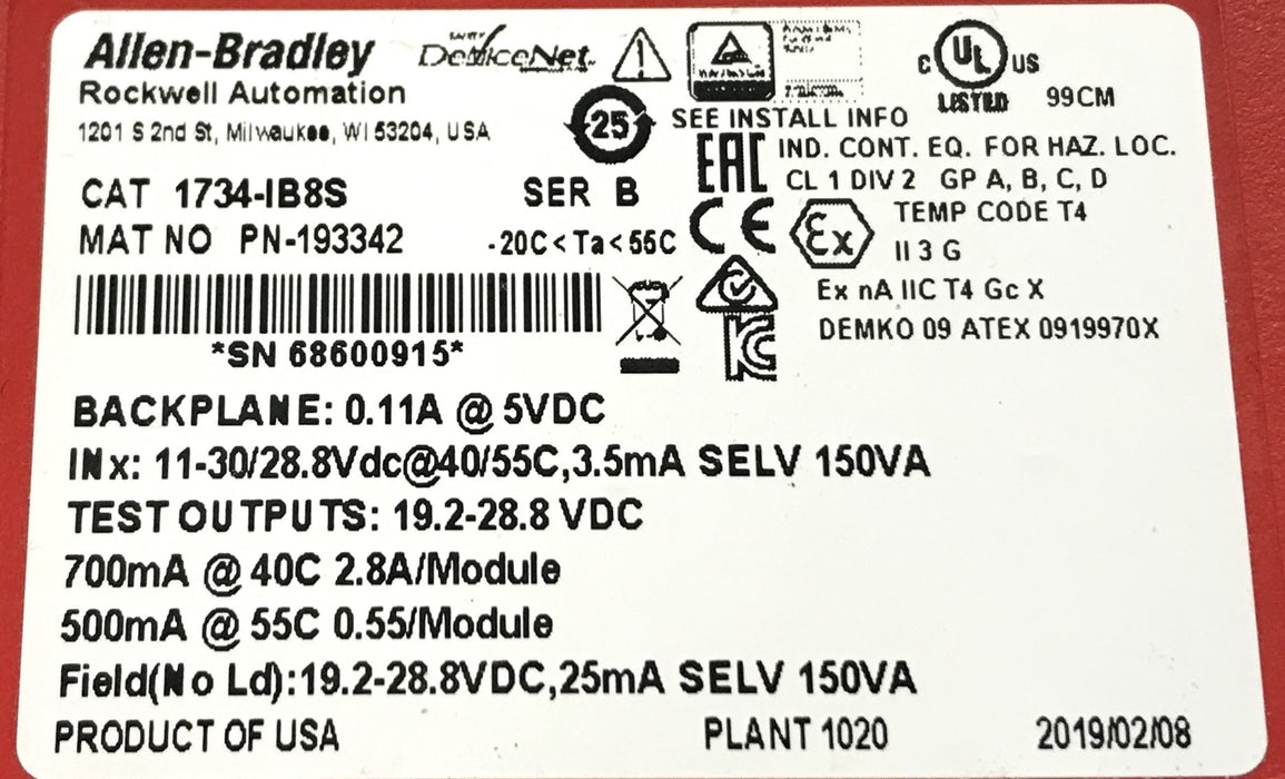 Allen Bradley Safety Input Module 1734-IB8S NOS