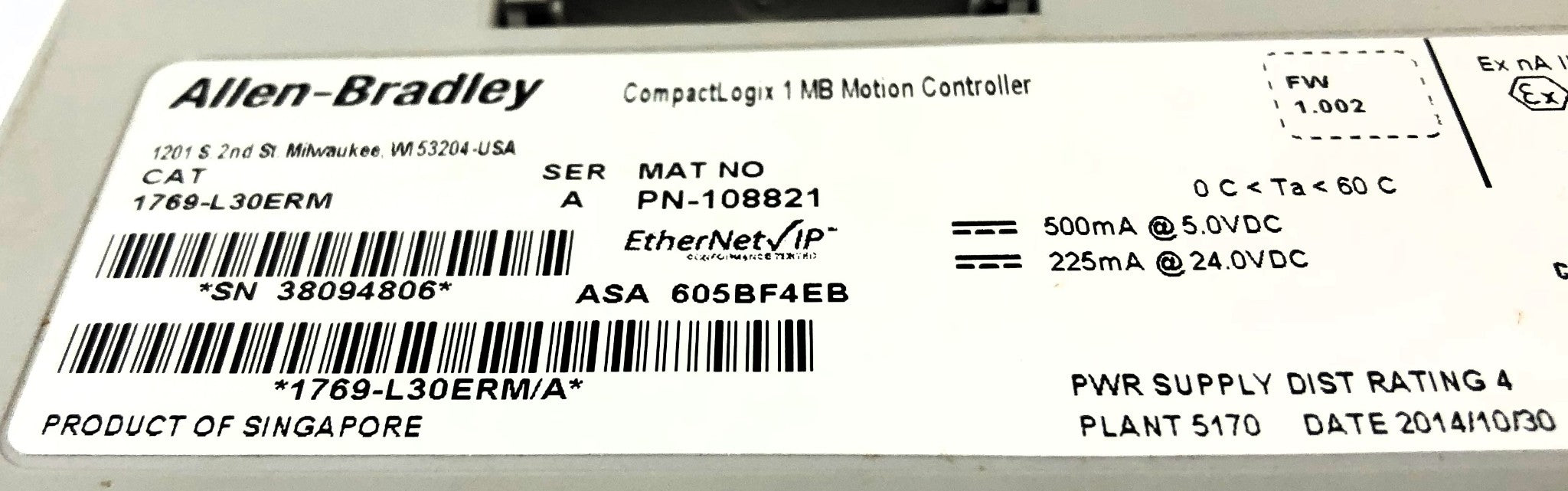 Allen-Bradley CompactLogix 1MB Motion Controller 1769-L30ERM NOS