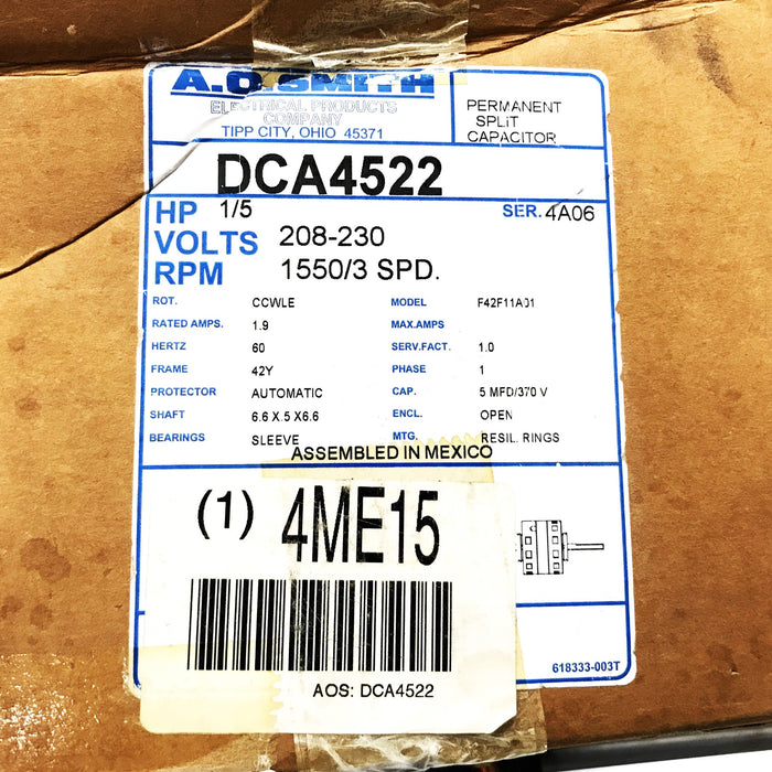A.O. Smith 1/5 HP 208-230 Volts RPM 1550/3 SPD Motor DCA4522 USED