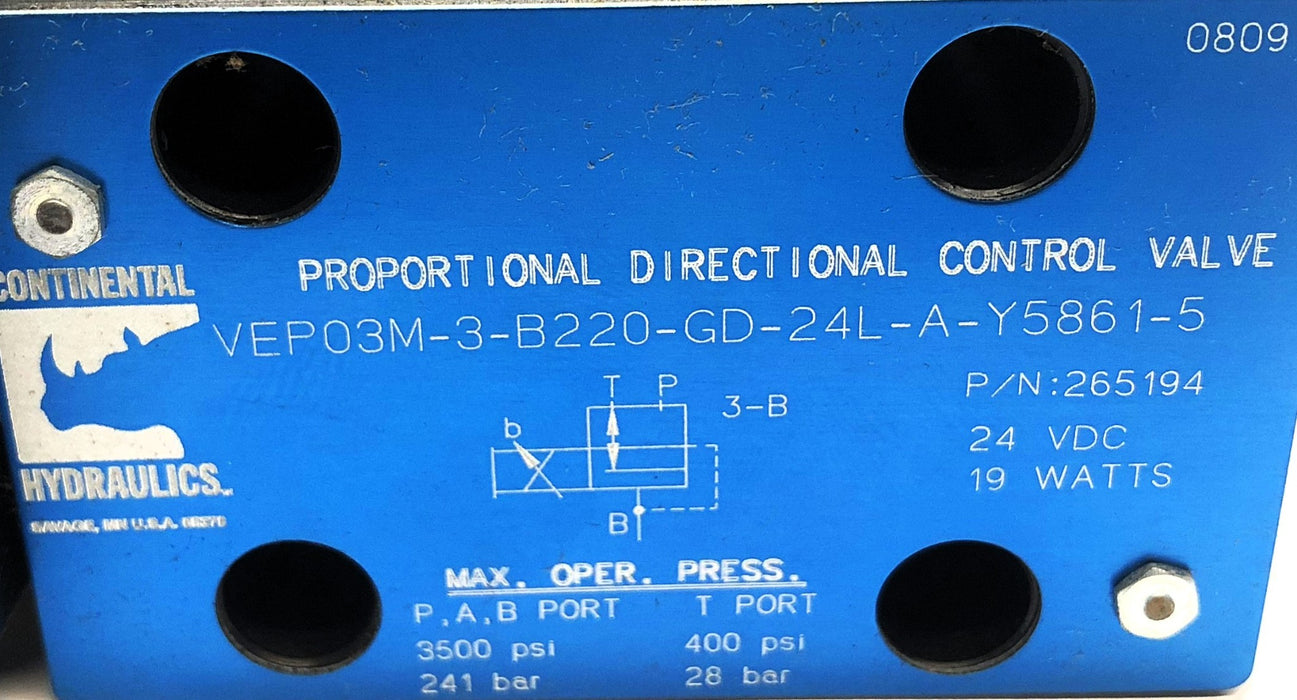 Continental Control Valve W/ Hardware VEP03M-3-B220-GD-24L-A-Y5861-5(265194) NOS