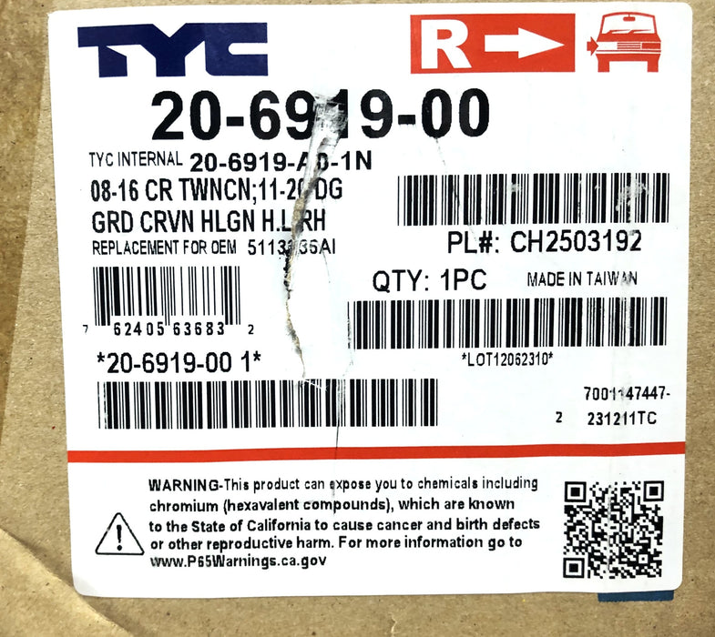 TYC Right Hand Halogen Headlight Assembly 20-6919-00 NOS