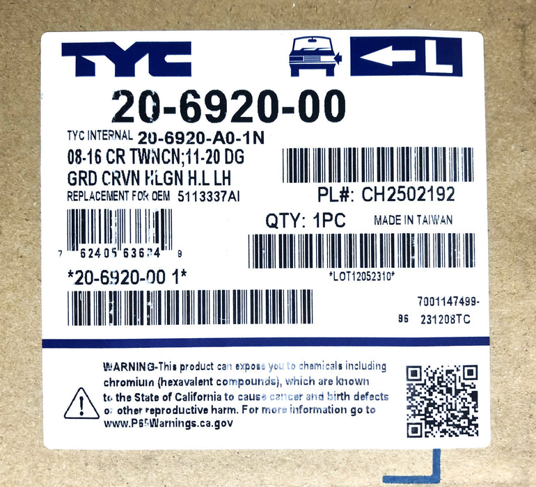 TYC Left Hand Halogen Headlight Assembly 20-6920-00 NOS