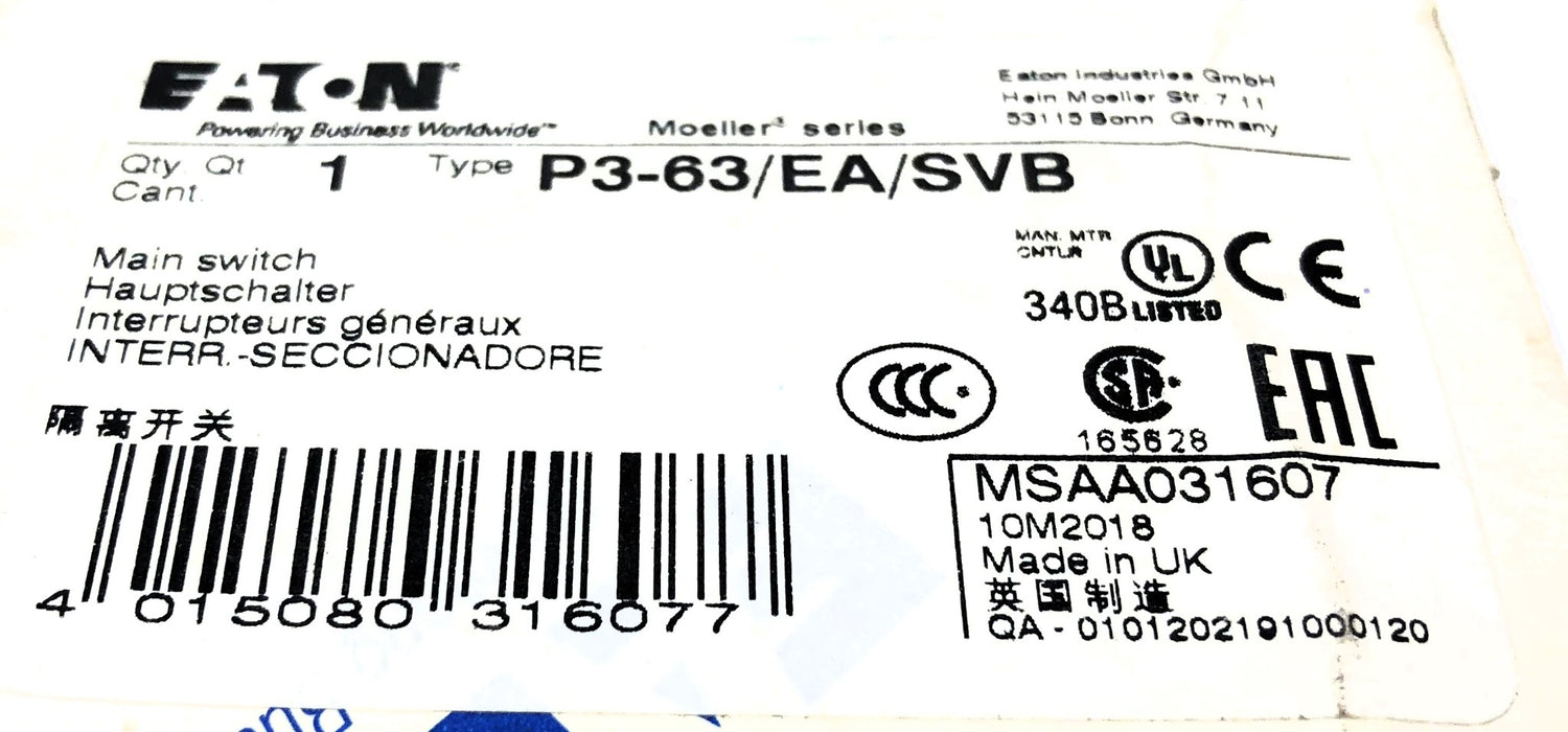 Eaton Disconnect Switch P3-63/EA/SVB NOS