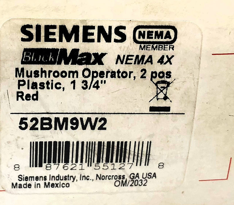 Siemens 1-3/4" 2 Position Mushroom Operator Switch 52BM9W2 NOS