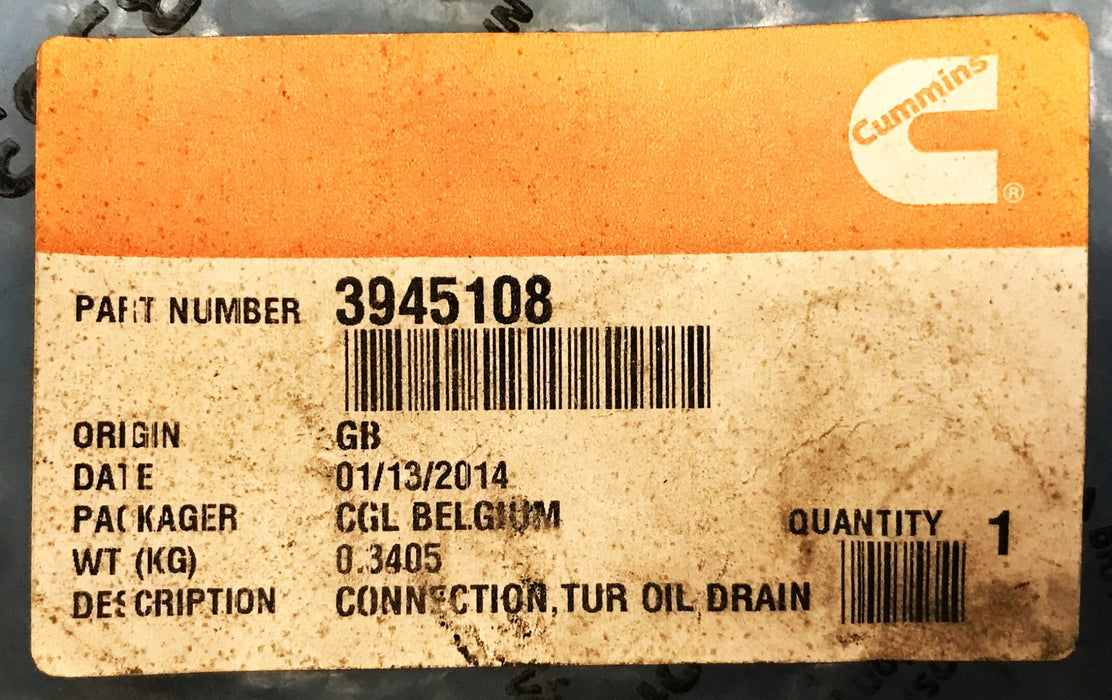 Cummins OEM Turbo Oil Drain Connection 3945108 NOS