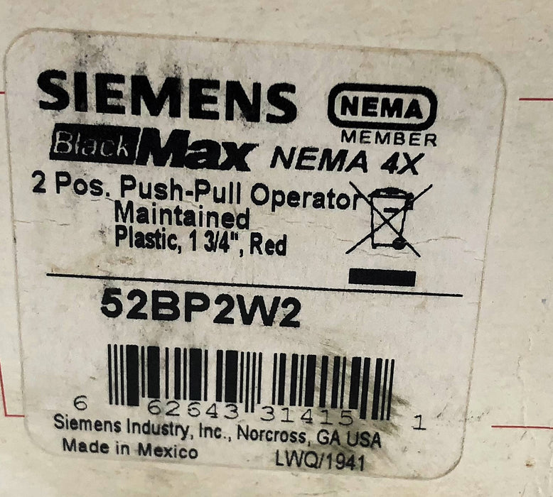 Siemens 1-3/4" 2 Position Push-Pull Operator Switch 52BP2W2 NOS