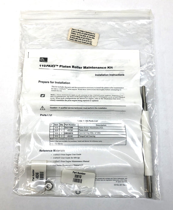 Zebra Platen Roller Maintenance Kit G43110M NOS