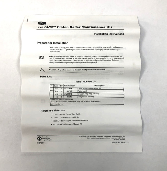 Zebra Platen Roller Maintenance Kit G43110M NOS