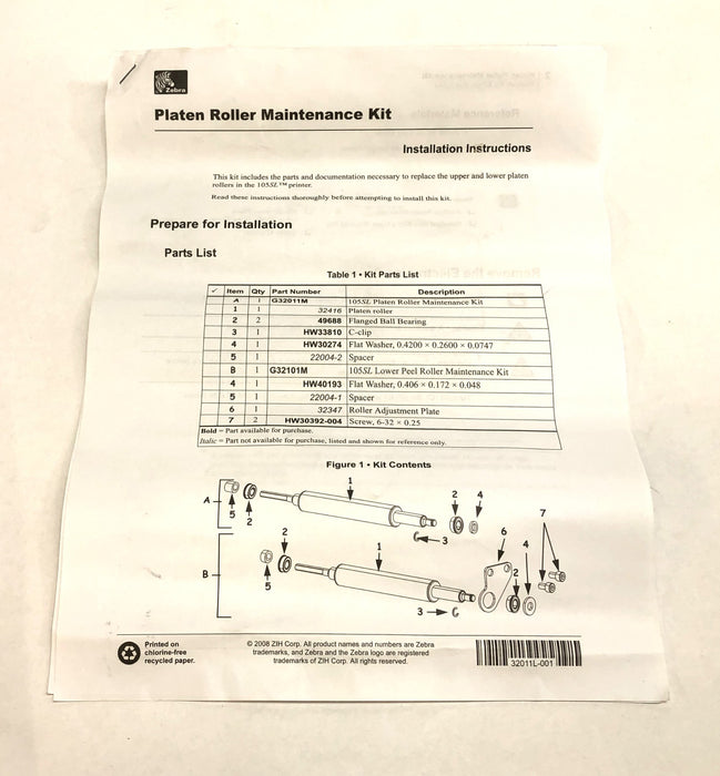 Zebra Platen Roller Maintenance Kit G32011M NOS