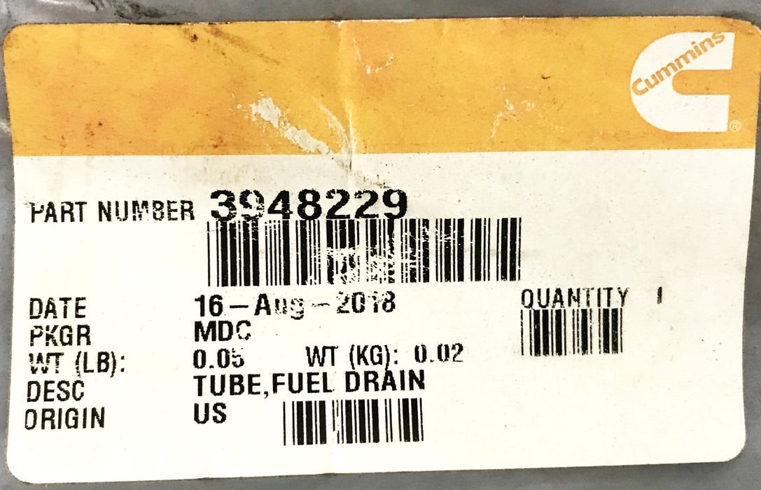 Cummins OEM Fuel Drain Tube 3948229 NOS