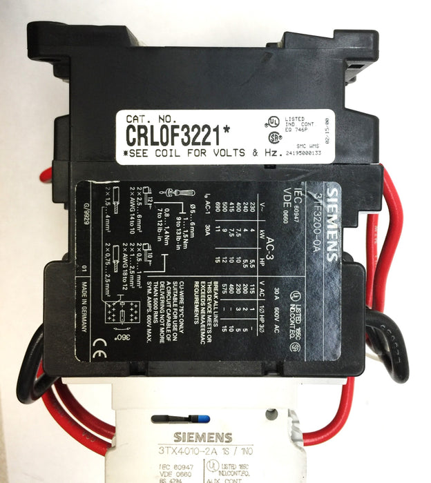 Siemens 120V/60Hz 110V/50Hz Reversing Contactor CRL0F3221 NOS