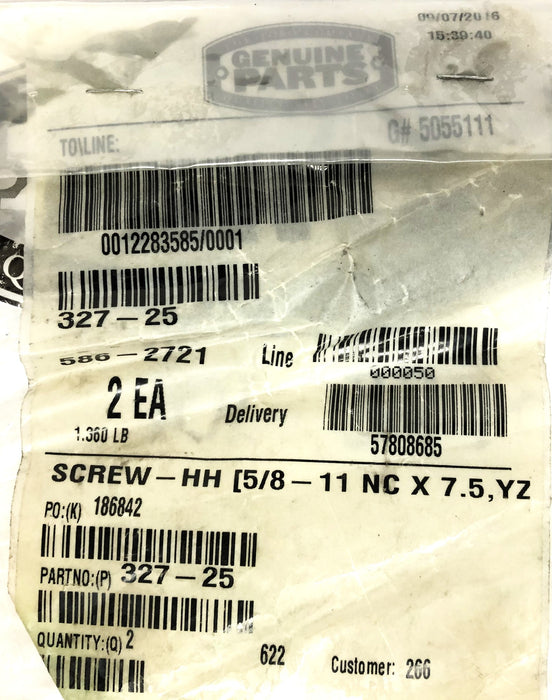 The Toro Company 5/8-11 NC x 7.5 HH Screw 327-25 [Lot of 2] NOS