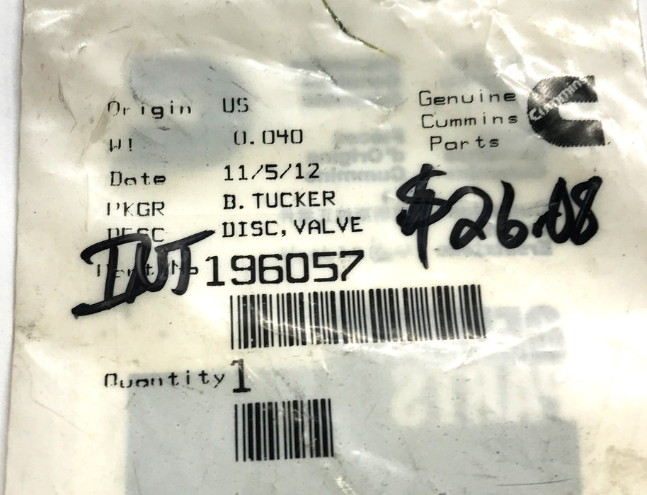 Cummins Disc Valve 196057 NOS