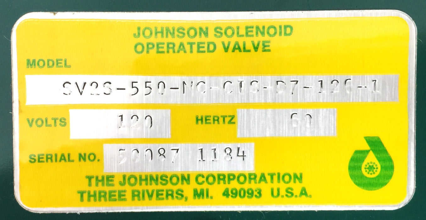 Johnson 120V/60Hz Solenoid Operated Valve SV2S-550-NC-CIS-D7-126-1 NOS