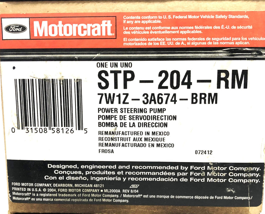 Ford Motorcraft Power Steering Pump STP-204-RM (7W1Z-3A674-BRM) REMANUFACTURED