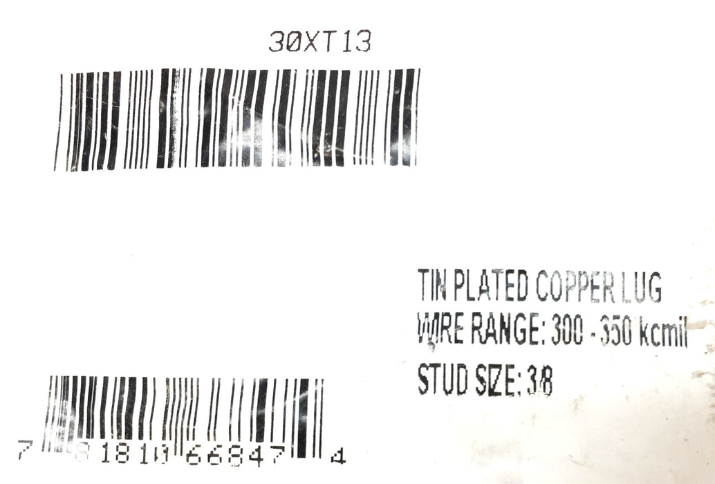 Burndy Tin Plated Copper Lug Wire Range:300-350kcmi Stud Size: 3/8 30XT13 NOS