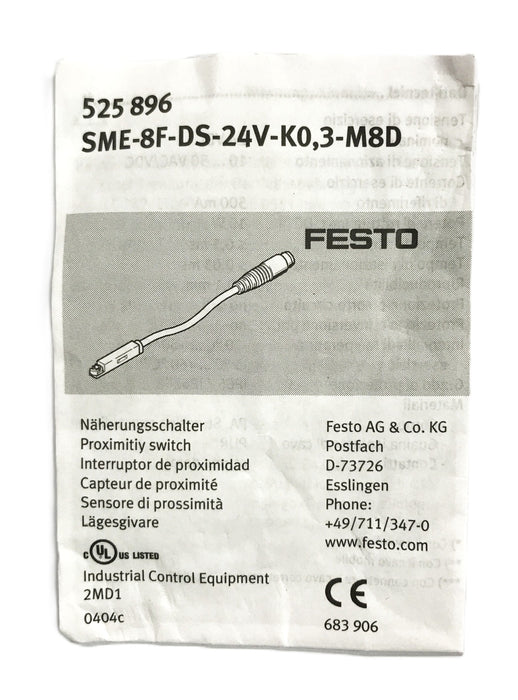 Festo 525-896 Proximity Sensor SME-8F-DS-24V-KO,3-M8D NOS