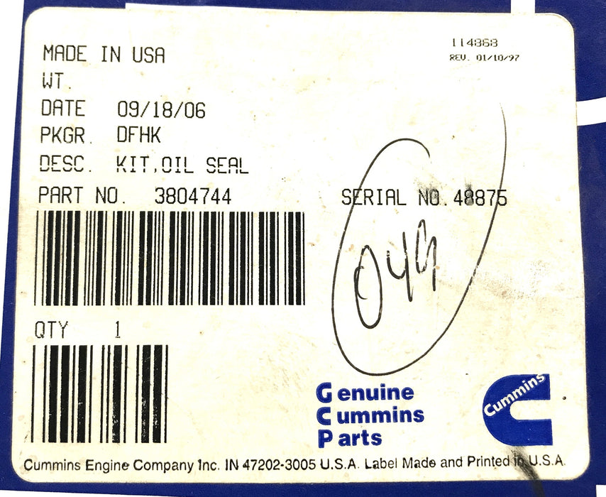 Cummins Oil Seal Kit 3804744 NOS