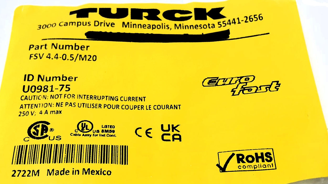 TURCK Receptacle Sensor Cable FSV 4.4-0.5/M20 NOS