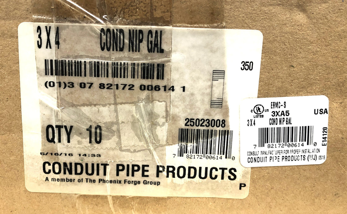 Conduit Pipe Products 3XA5 Galvanized 3X4 Conduit Nipple 25023008 NOS