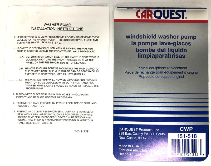 CarQuest Windshield Washer Pump 151-518 NOS