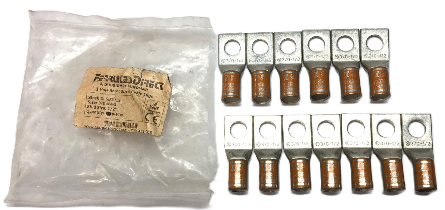 Ferrules Direct 3/0 AWG 1/2" 1-Hole Short Barrel Cable Lug SB3012 [Lot of 13]NOS