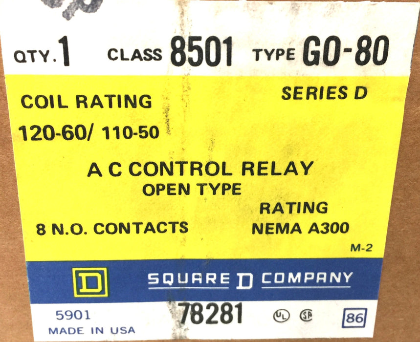 Square D 8-Contact GO-80 Rating 120-60/110-50 AC Control Relay 78281 (8501) NOS
