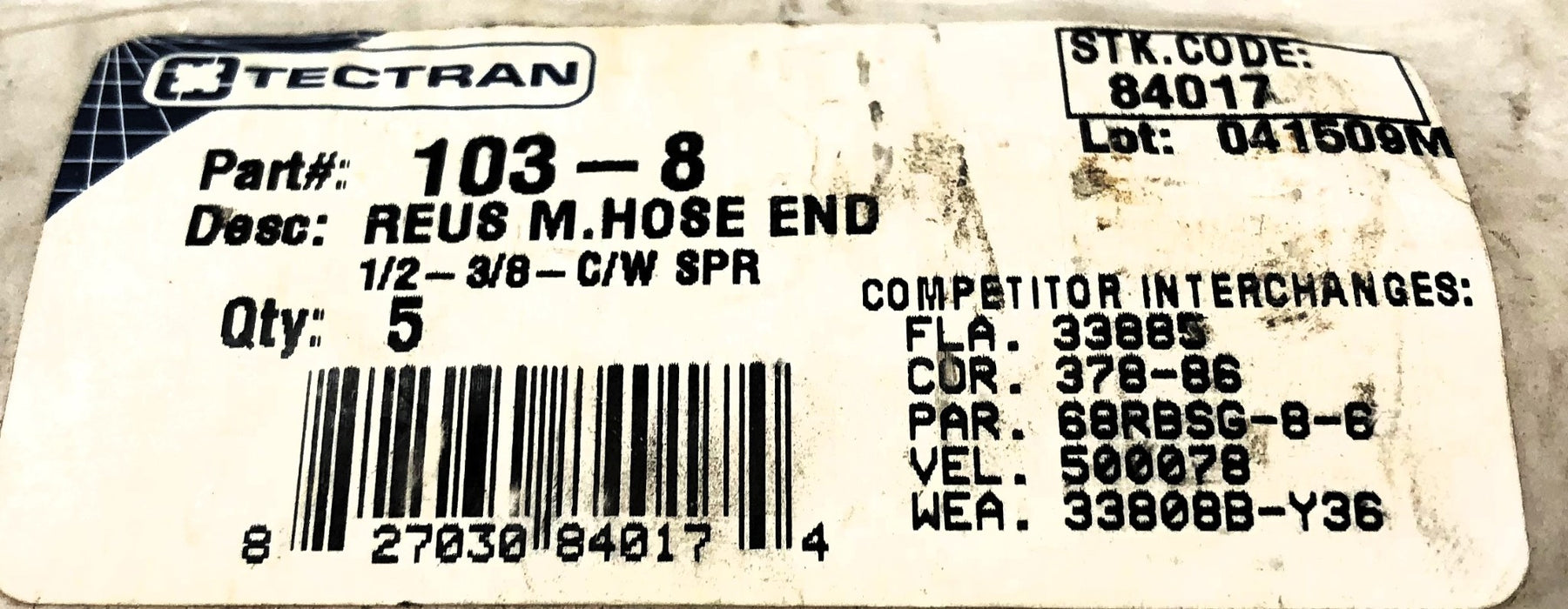 Tectran Reus M.Hose End W/ 1-2-3/8 C/W Spring 103-8 NOS