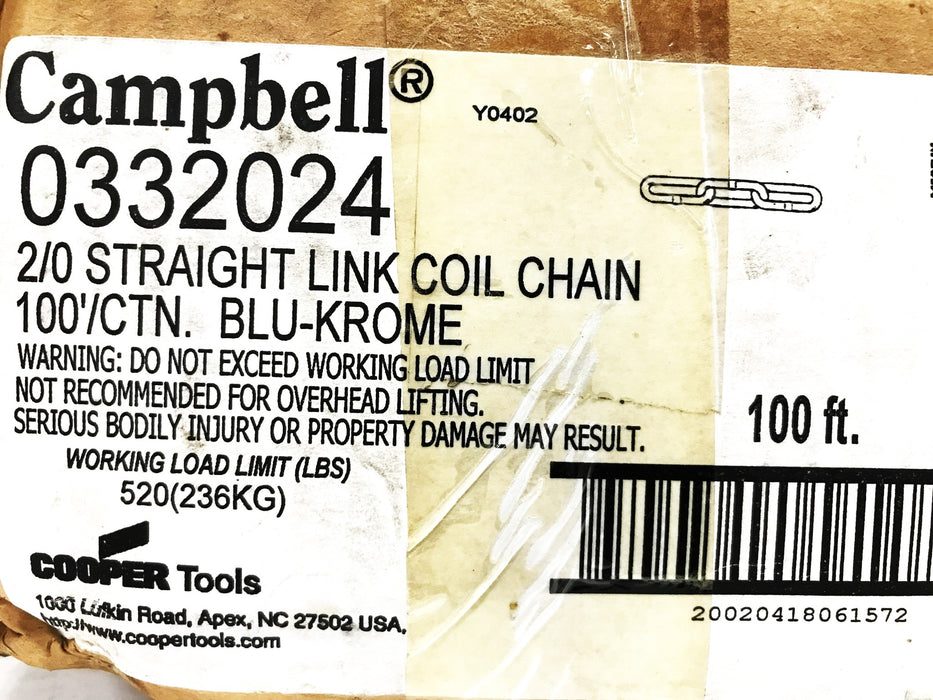 Campbell 2.0 Straight Link Coil Chain 100 feet 0332024 NOS