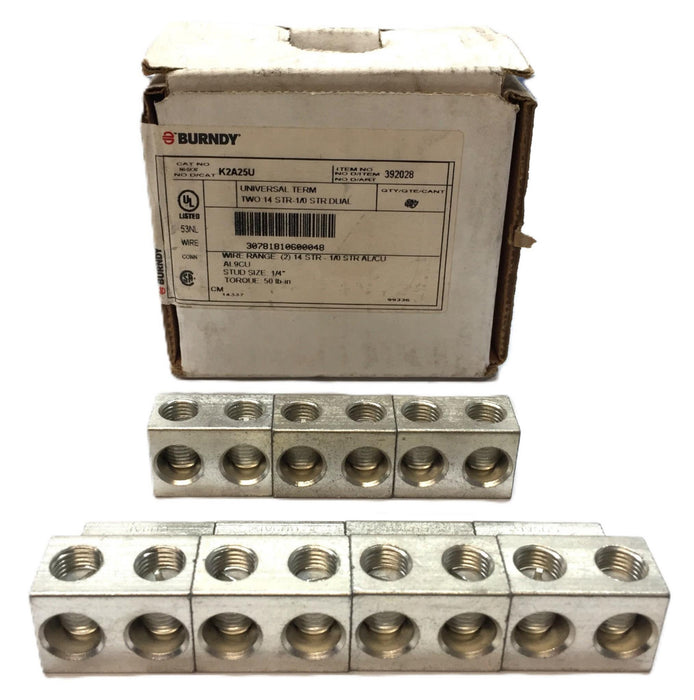 Burndy (2)14 STR 1/0 STR Stud:1/4" Terminal Block K2A25U (392028) [Lot of 7] NOS