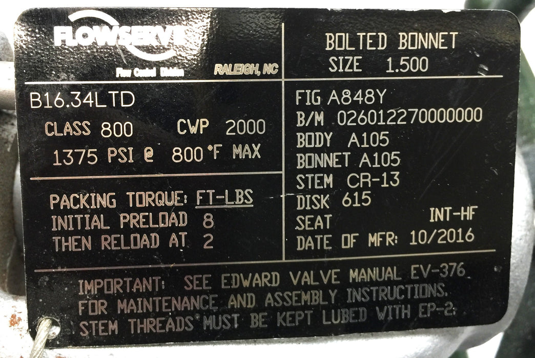 Edward Valve Flowserve Globe Valve A848Y (B16.34LTD) 453179 NOS