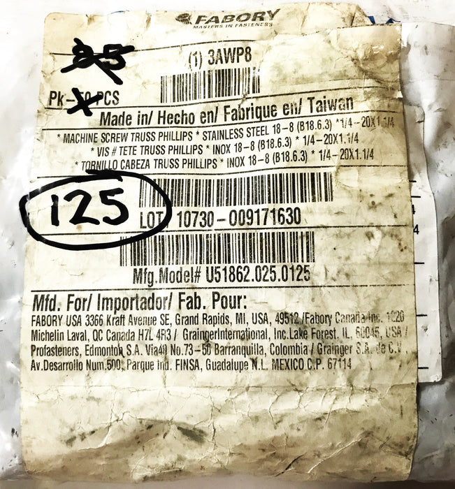Fabory 18-8 1/4-20 x 1-1/4 inch Machine Screws U51862.025.0125 [Lot of 125] NOS