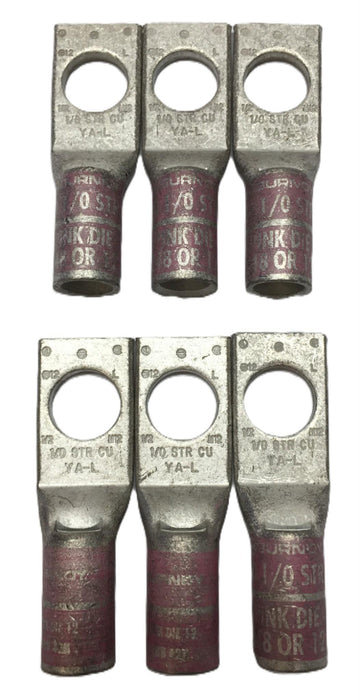 Burndy 1-Hole Straight 1/2" Pink N100 1/0 STR CU Lug Connector [Lot of 6] NOS