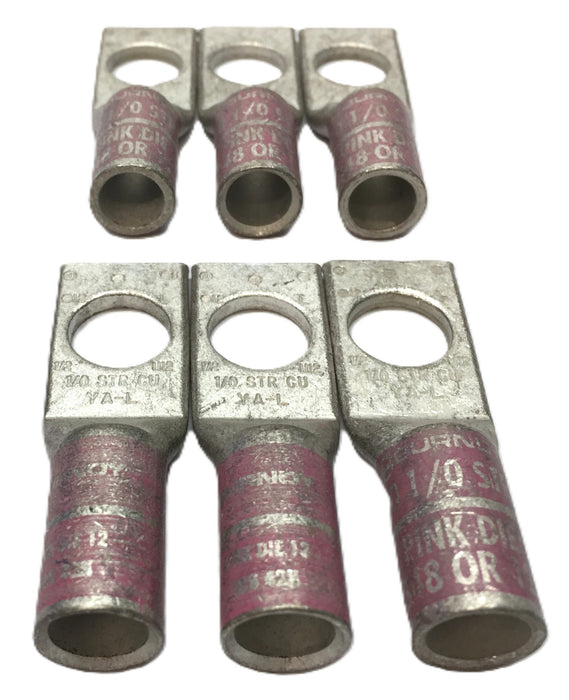 Burndy 1-Hole Straight 1/2" Pink N100 1/0 STR CU Lug Connector [Lot of 6] NOS