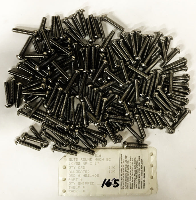 Unbranded 10/32 NF x 1 inch Slotted Round Head Machine Screw [Lot of 165] NOS