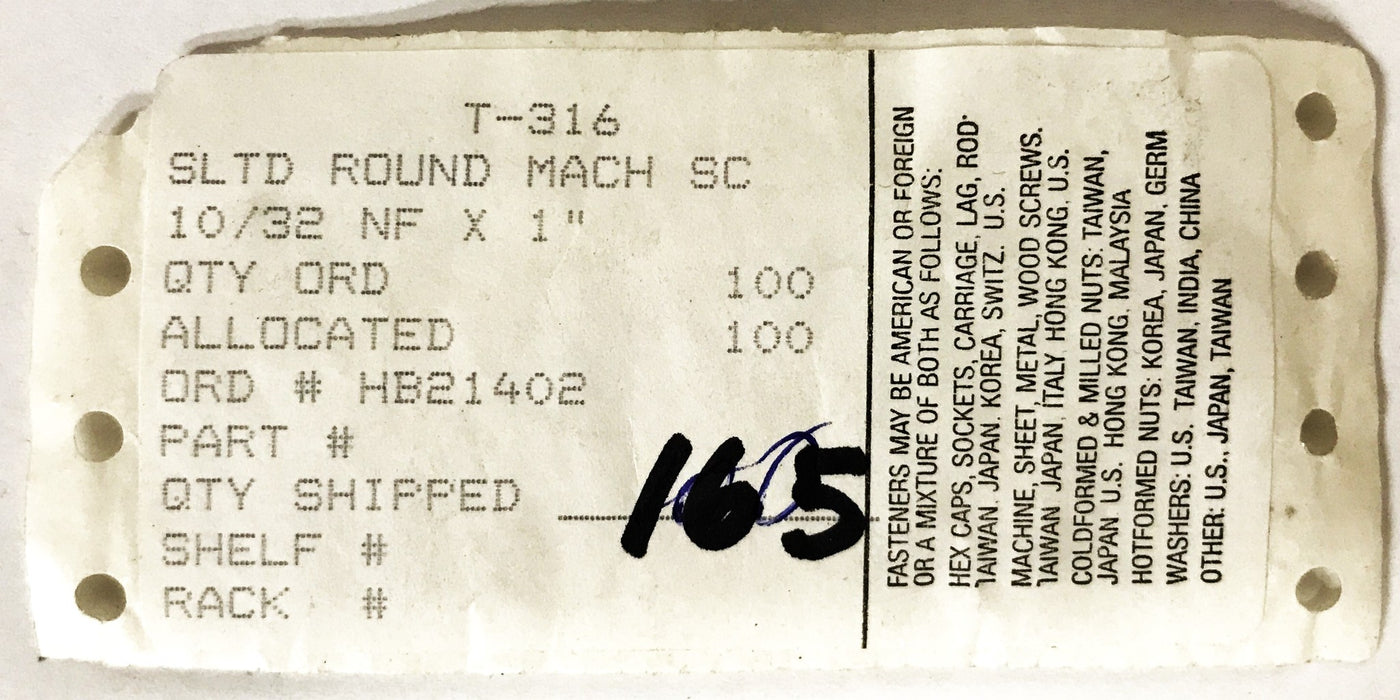 Unbranded 10/32 NF x 1 inch Slotted Round Head Machine Screw [Lot of 165] NOS