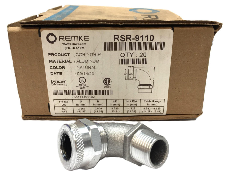 Remke 1/2"NPT Natural Aluminum 90-Degree Cord Grip Case (20pcs) RSR-9110 NOS