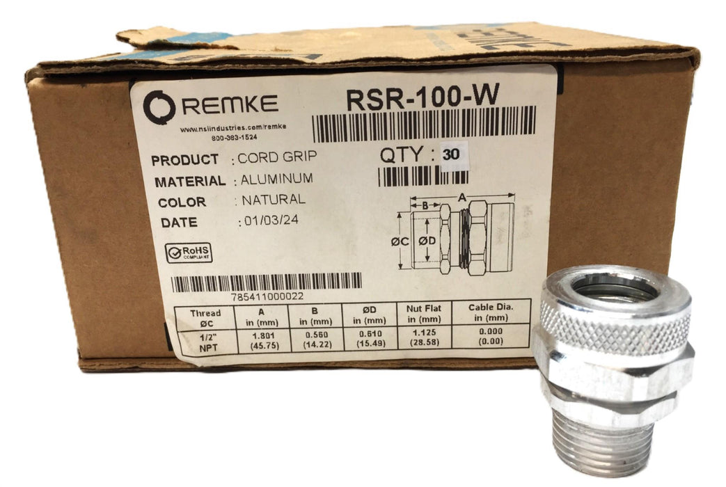 Remke Natural Aluminum Cord Grip 1/2" NPT Case (30pcs) RSR-100-W NOS